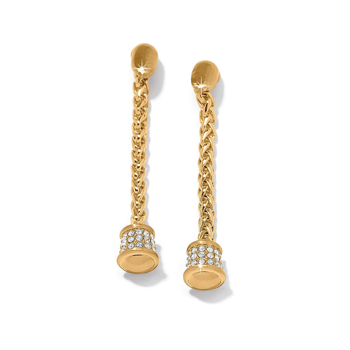 Brighton drop earrings with gold-plated braided chains and crystal-set caps on a white background
