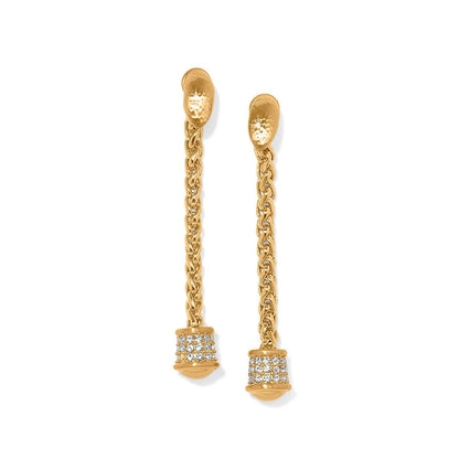 Brighton drop earrings with gold-plated wheat chains and crystal-encrusted barrel ends on a white background