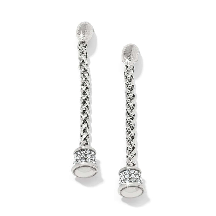 Brighton drop earrings with silver-plated woven chains, hammered tops, and crystal-encrusted barrel ends on a white background