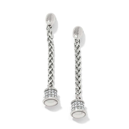 Brighton drop earrings with silver-plated woven chains, hammered tops, and crystal-encrusted barrel ends on a white background