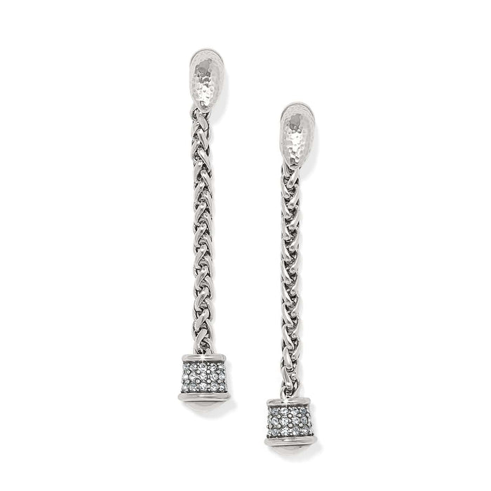 Brighton drop earrings with silver-plated braided chains and crystal-encrusted barrel ends on a white background