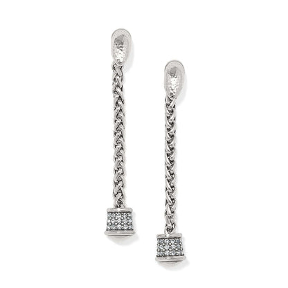 Brighton drop earrings with silver-plated braided chains and crystal-encrusted barrel ends on a white background