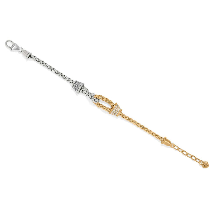 Brighton two-tone bracelet with silver and gold woven chains and crystal pave accents on a white background