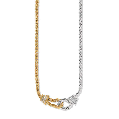 Brighton two-tone necklace with interlocking gold and silver wheat chains and crystal-set stations on a white background
