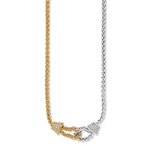 Brighton two-tone necklace with interlocking gold and silver wheat chains and crystal-set stations on a white background