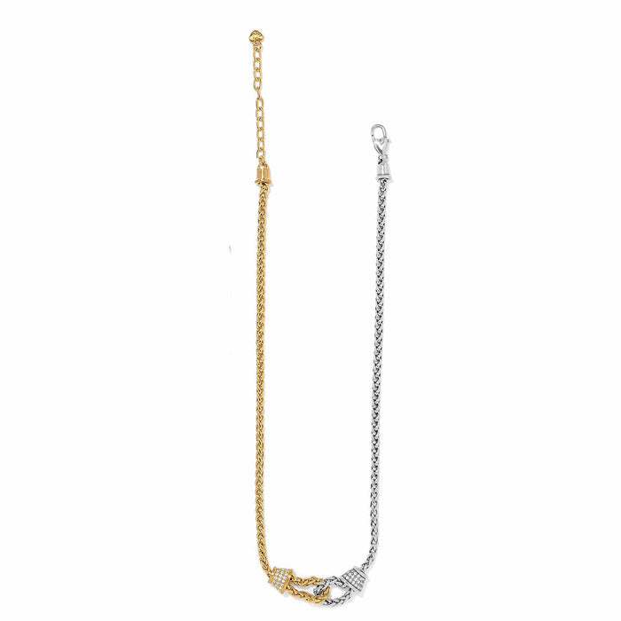 Brighton two-tone necklace with gold and silver chains, crystal accents, and lobster clasp on a white background
