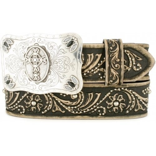Brighton leather belt with silver-tone engraved cross buckle, floral tooling, and studded scrollwork on a white background