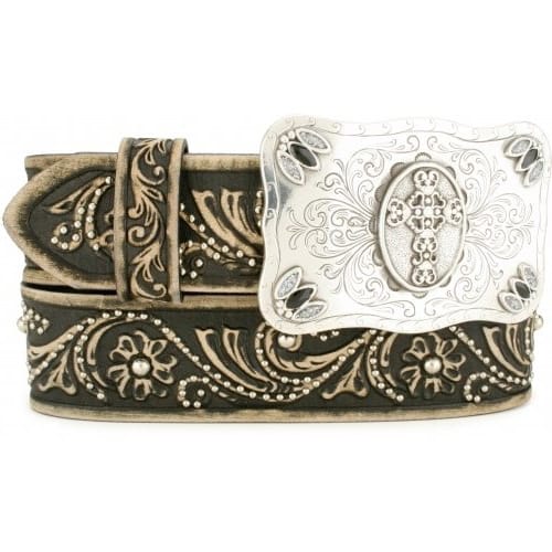 Brighton leather belt with floral tooled design, studded accents, and silver-tone cross buckle on a white background
