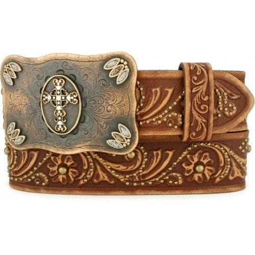 Brighton leather belt with tooled floral design, studded accents, and ornate cross buckle with crystals on a white background