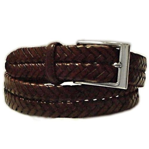 Brighton belt in braided brown leather with silver-tone rectangular buckle and leather keeper loop on a white background