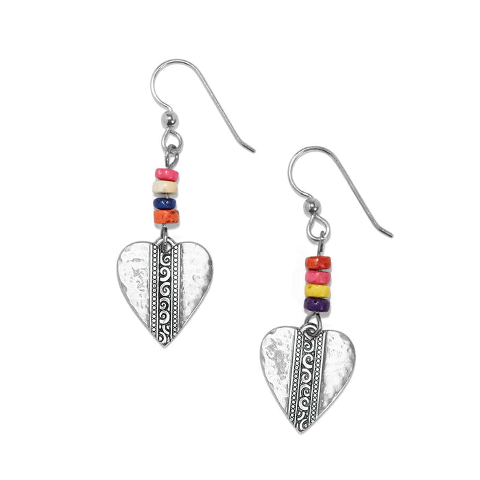 Brighton drop earrings with silver-plated hammered heart charms and multicolored heishi beads on a white background