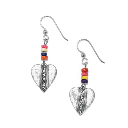 Brighton drop earrings with silver-plated hammered heart charms and multicolored heishi beads on a white background