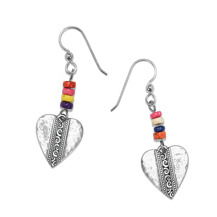 Brighton drop earrings with silver-plated hammered heart charms and multicolored heishi beads on a white background