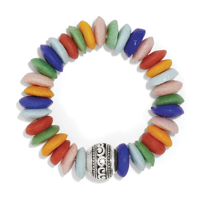Brighton beaded bracelet with multicolored Ashanti beads and silver-plated ornate accent bead on a white background
