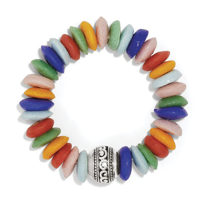 Brighton beaded bracelet with multicolored Ashanti beads and silver-plated ornate accent bead on a white background