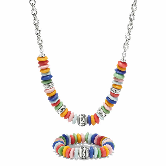 Brighton necklace and bracelet set with multicolored Ashanti beads and silver-plated accents on a white background