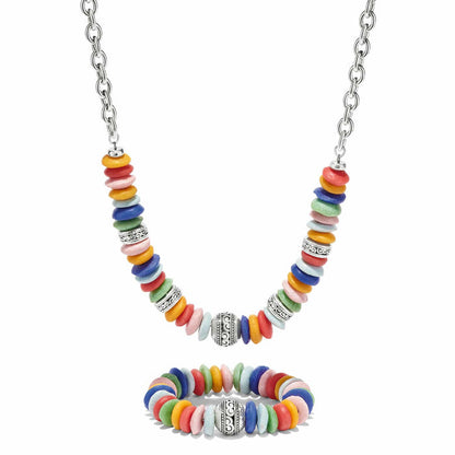 Brighton necklace and bracelet set with multicolored Ashanti beads and silver-plated accents on a white background