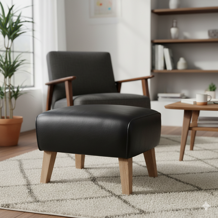 Modern Black Leatherette Ottoman with Wood Legs - Compact Footrest & Extra Seating for Home Furniture