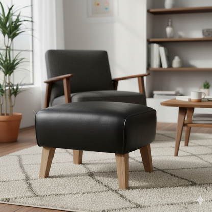 Modern Black Leatherette Ottoman with Wood Legs - Compact Footrest & Extra Seating for Home Furniture