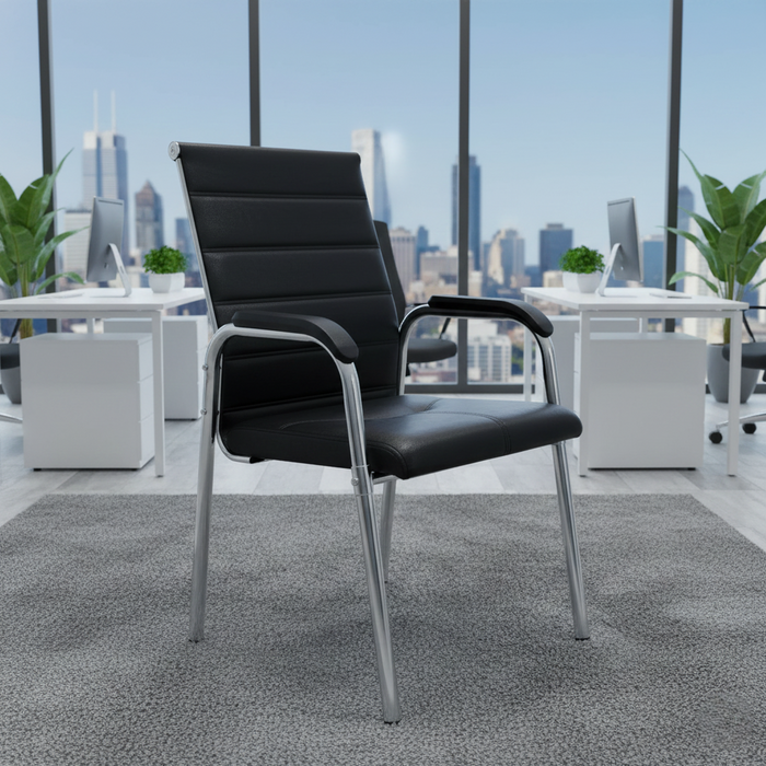 Modern Executive Stacking Chair for Office/Reception | Mid Back Mesh Visitor Executive Chair with Armrest & Chrome Base (Black)