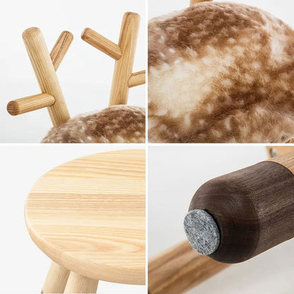 Modern Funny Animal Backrest Wood Stool Armless Accent Chair with 4-Leg for Kids in Oak Finish Style -