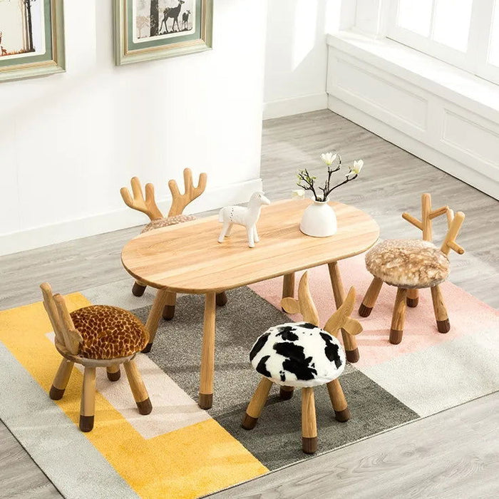 Modern Funny Animal Backrest Wood Stool Armless Accent Chair with 4-Leg for Kids in Oak Finish Style -