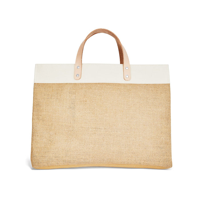 Brighton jute tote handbag with white canvas trim and tan leather top handles on a white background
