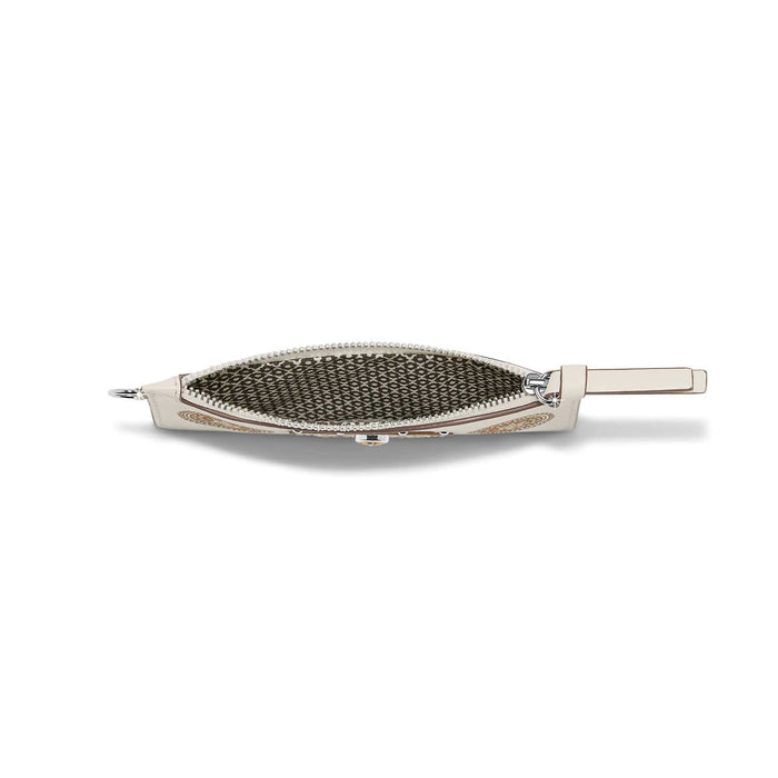 Brighton wristlet pouch shown open from above with patterned interior lining, silver-tone zipper, and white leather strap on a white background