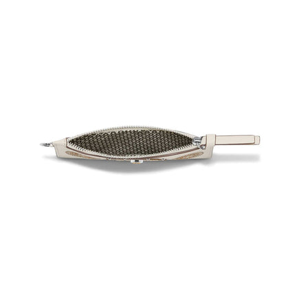 Brighton wristlet pouch shown open from above with patterned interior lining, silver-tone zipper, and white leather strap on a white background
