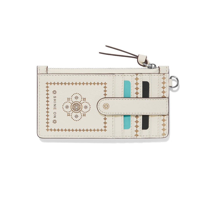 Brighton card case wallet in cream leather with gold bandana print and snap closure on a white background