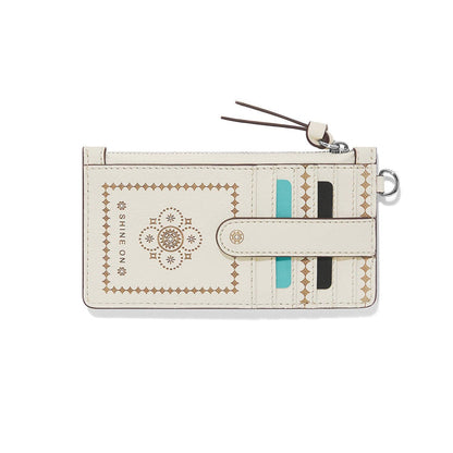 Brighton card case wallet in cream leather with gold bandana print and snap closure on a white background