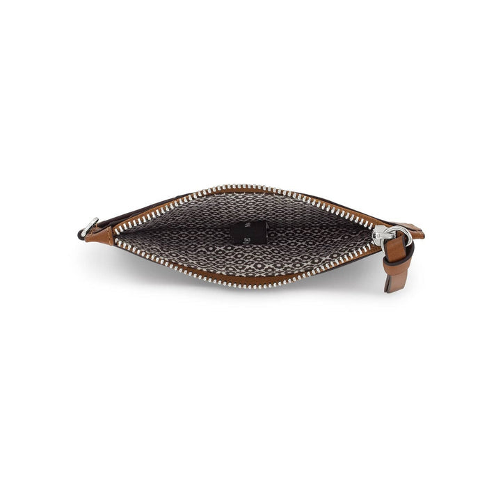 Brighton brown leather pouch shown open from above with patterned interior lining and silver-tone zipper on a white background