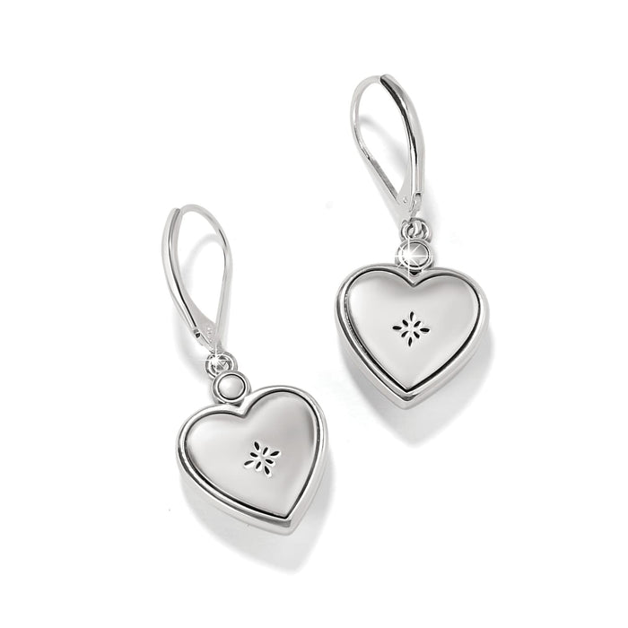 Brighton heart drop earrings with silver-tone finish, crystal accents, and etched floral detail on a white background