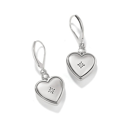 Brighton heart drop earrings with silver-tone finish, crystal accents, and etched floral detail on a white background