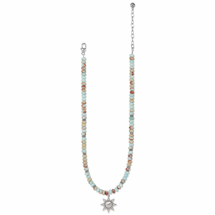 Brighton beaded necklace with turquoise and jasper beads, silver-plated star pendant, and lobster clasp on a white background
