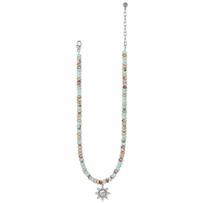 Brighton beaded necklace with turquoise and jasper beads, silver-plated star pendant, and lobster clasp on a white background