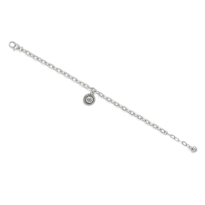 Brighton charm bracelet with silver-plated cable chain, round star medallion charm, and lobster clasp on a white background