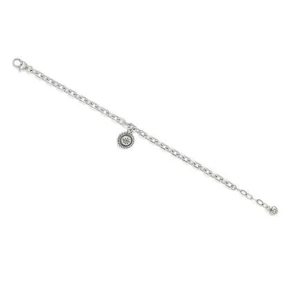 Brighton charm bracelet with silver-plated cable chain, round star medallion charm, and lobster clasp on a white background