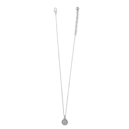 Brighton pendant necklace with small silver-plated round medallion, delicate chain, and lobster clasp on a white background