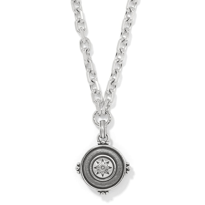Brighton pendant necklace with silver-plated chunky chain and round star medallion charm on a white background