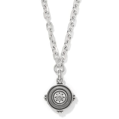 Brighton pendant necklace with silver-plated chunky chain and round star medallion charm on a white background
