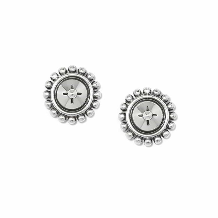 Brighton stud earrings with silver-plated beaded edges and round button-style centers on a white background