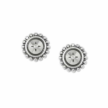 Brighton stud earrings with silver-plated beaded edges and round button-style centers on a white background