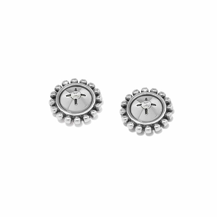 Brighton stud earrings with silver-plated beaded edges and round centers featuring etched cross detail on a white background