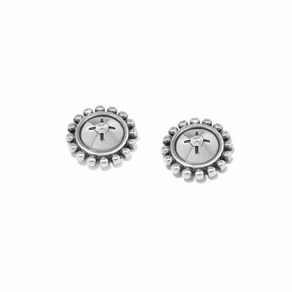 Brighton stud earrings with silver-plated beaded edges and round centers featuring etched cross detail on a white background