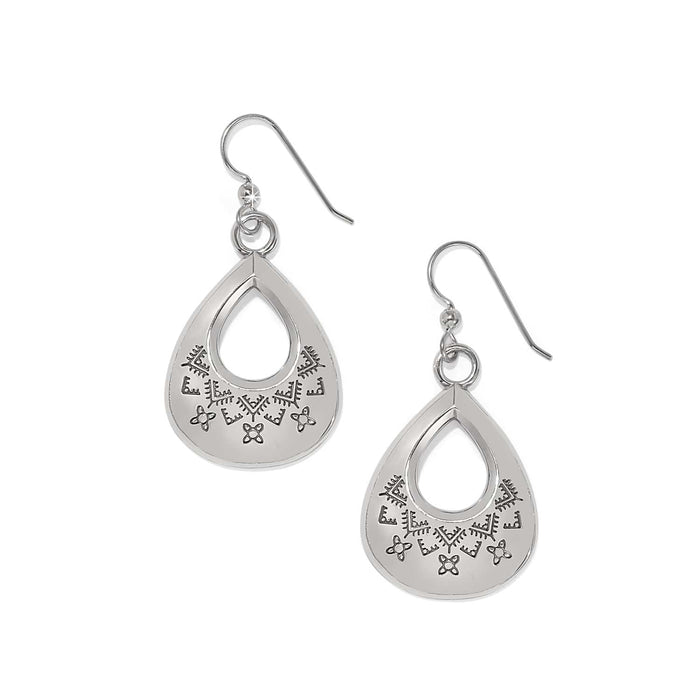 Brighton teardrop drop earrings with silver-plated finish and engraved geometric pattern on a white background