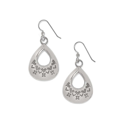 Brighton teardrop drop earrings with silver-plated finish and engraved geometric pattern on a white background