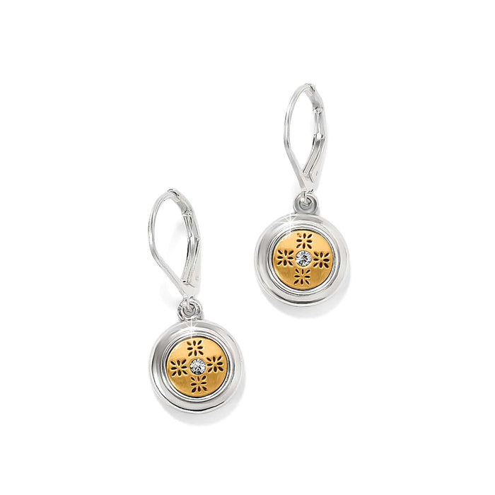 Brighton drop earrings with two-tone round discs, floral cutout details, and crystal centers on a white background