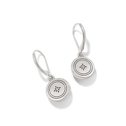 Brighton drop earrings with silver-tone round medallions featuring engraved circle and floral motif on a white background