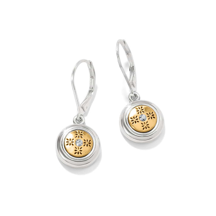Brighton drop earrings with two-tone round pendants featuring floral cutouts and crystal centers on a white background